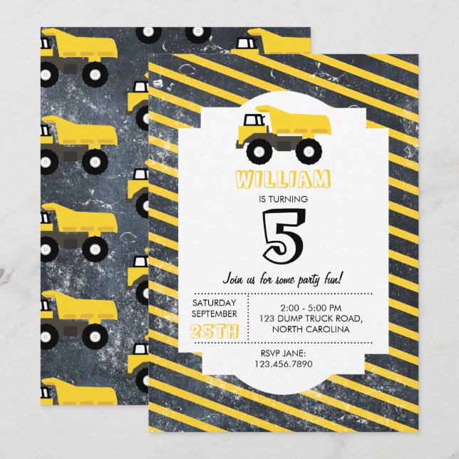 Lastbil Construction Lastbilar Birthday Inbjudningar (Fram/baksida)