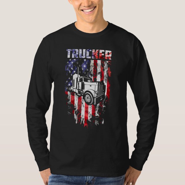 Lastbil Driver American Flagga T Shirt (Framsida)