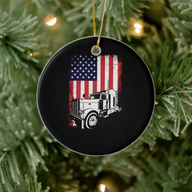 Lastbil Driver American Flagga Trucker Gift Julgransprydnad Keramik (Träd)
