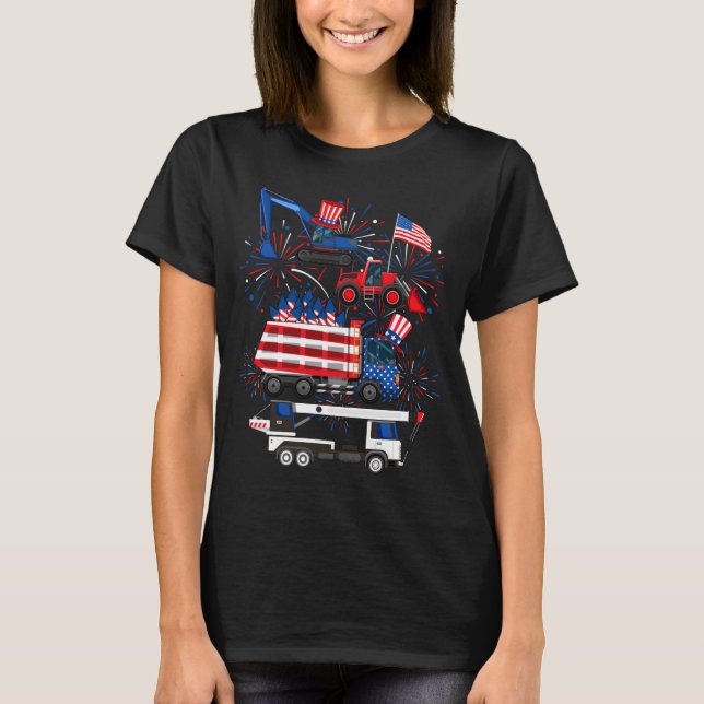 Lastbil Grävmaskin Kran Konstruktion 4:e Juli T Shirt (Framsida)
