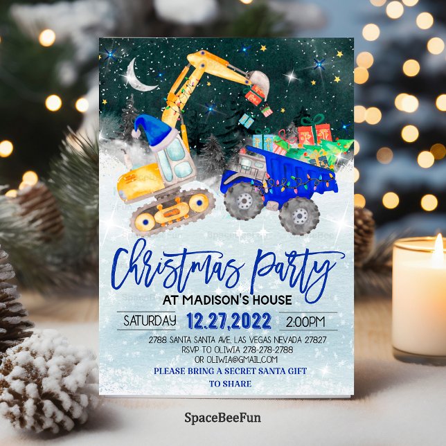 Lastbil julinbjudan till Party-grävare Inbjudningar (Truck Christmas Party Excavator invitation Birthday Christmas Party Car invitation Holiday card invi)