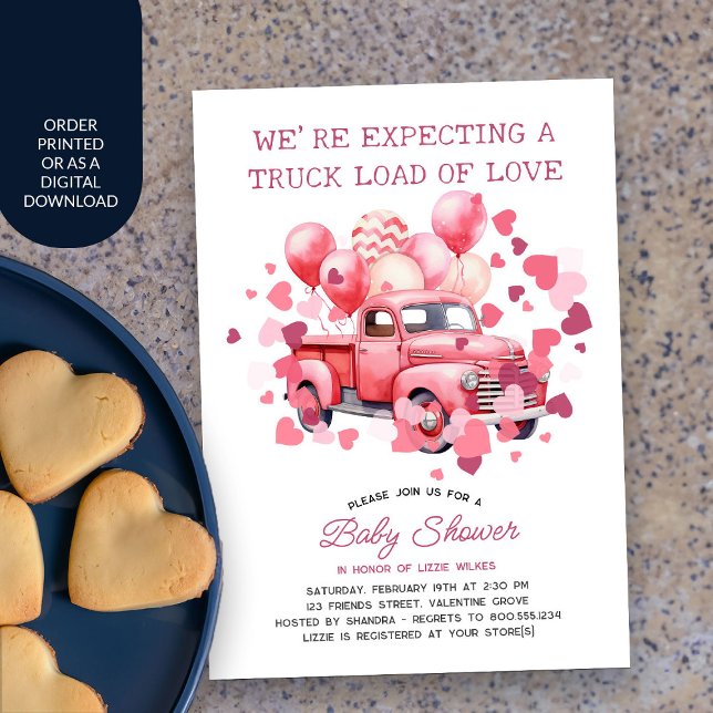 Lastbil Load of Kärlek Rosa Valentine Baby Shower Inbjudningar (Valentine Baby Shower Invitation with pink vintage truck and love hearts)