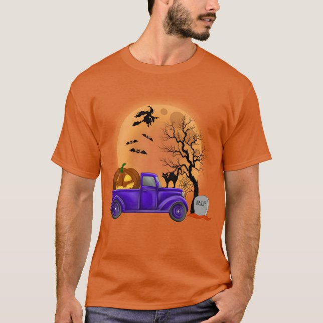 Lastbil och Pumpkins i Halloween lustiga T Shirt (Framsida)