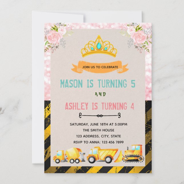 Lastbil och tiaras födelsedagsfest inbjudan (Framsida)