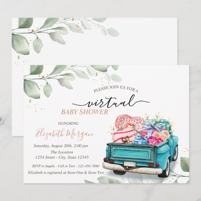 Lastbil Sweets Presenter Virtuell Drive by Baby Sh Inbjudningar (Fram/baksida)