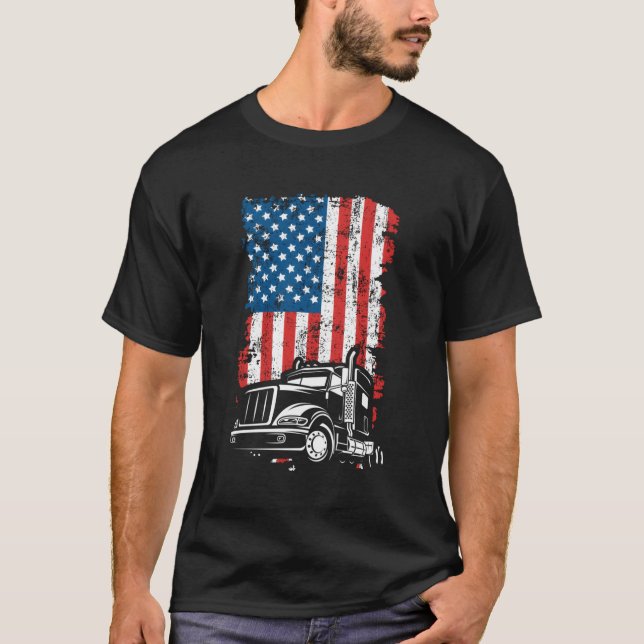 Lastbil Trucker American Flagga T Shirt (Framsida)