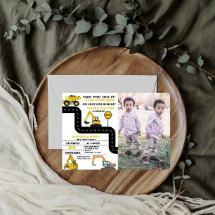 Lastbil Twin Boy Construction Birthday Inbjudningar