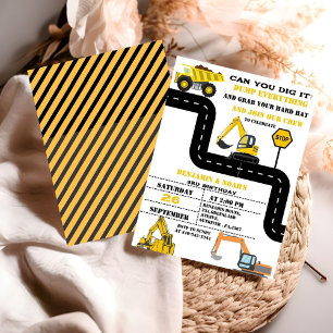 Lastbil Twin Boy Construction Birthday Inbjudningar