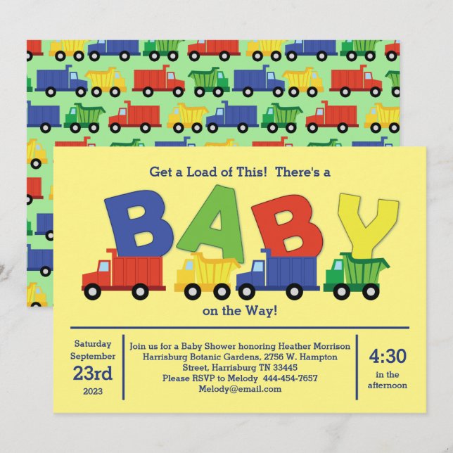 Lastbilar Baby Shower Lastbil Boy Inbjudningar (Fram/baksida)