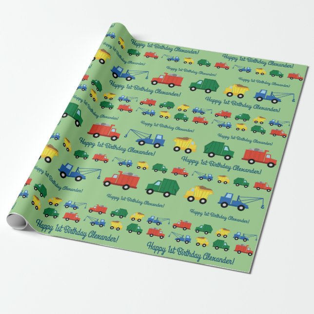 Lastbilar Cars Cute 1:a födelsedag Party Tema Presentpapper (Utrullad)