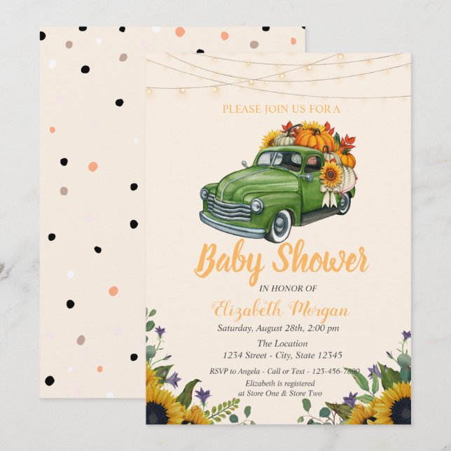 Lastbilspumpa, Strängljus, Prickig Baby Shower  Inbjudningar (Fram/baksida)