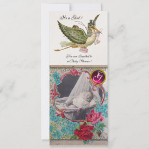 LASTORK BABY SHOWER MONOGRAM FOTOMALL, guld Inbjudningar