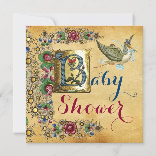 LASTORK BOY BABY SHOWER BLOMMIGT PARCHMENT MONOGRA INBJUDNINGAR (Framsida)