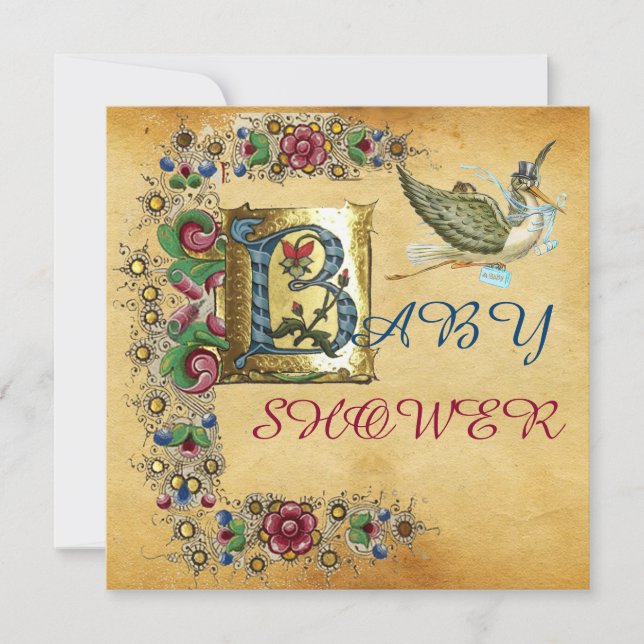 LASTORK BOY BABY SHOWER BLOMMIGT PARCHMENT MONOGRA INBJUDNINGAR (Framsida)
