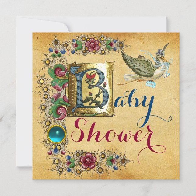 LASTORK BOY BABY SHOWER BLOMMIGT PARCHMENT MONOGRA INBJUDNINGAR (Framsida)