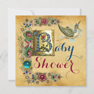 LASTORK BOY BABY SHOWER BLOMMIGT PARCHMENT MONOGRA INBJUDNINGAR