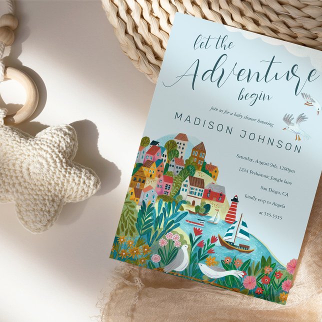 Låt äventyr börja babyduscha party inbjudningar (Let the adventure begin gender  neutral baby shower invitation)