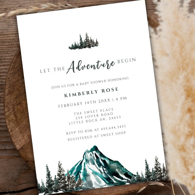 Låt Äventyr börja babyduschen i Gräs i berget Inbjudningar (Let The Adventure Begin Mountain Pine Baby Shower Invitation)