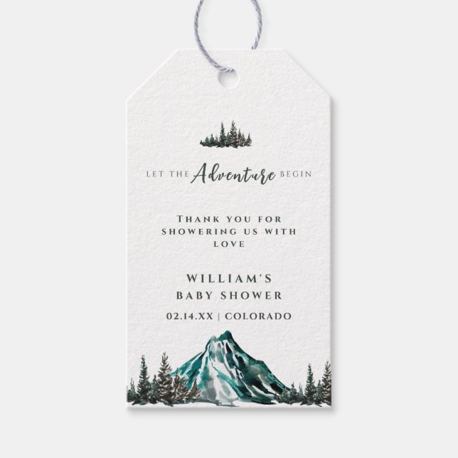 Låt Äventyr börja babyduschen i Gräs i berget Presentetikett (Framsidan)