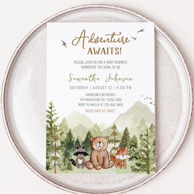 Låt Äventyr börja babyskaren Inbjudningar (Adventure Woodland Baby Shower Invitation)