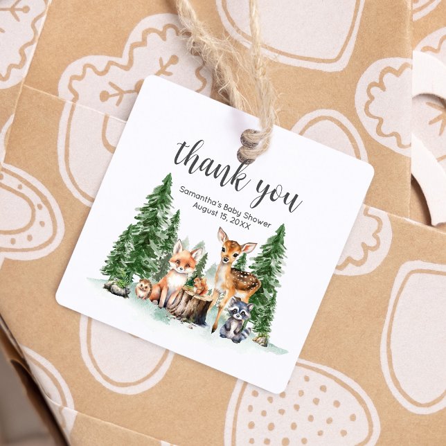 Låt Äventyr börja babyskorgen Gåvor Etiketter (Let the Adventure Begin Woodland Animals Baby Shower Square Favor Tags)