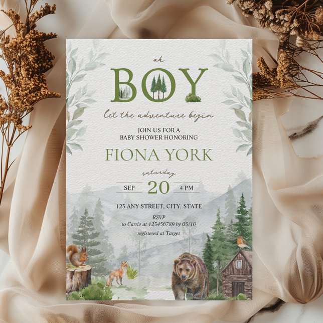 Låt Äventyr börja bergsbabybabyskaren Inbjudningar (Let the adventure begin Woodland Animals Boy Baby Shower Mountains Pine Trees)