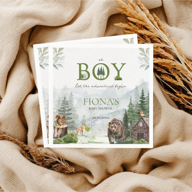 Låt Äventyr börja bergsbabybabyskaren Pappersservett (Let the adventure begin Pine Forest Woodland animals Oh Boy Baby Shower Custom Napkins)
