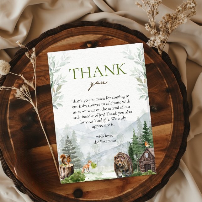 Låt Äventyr börja bergsbabybabyskaren Tack Kort (Thank you card Baby Shower Let the adventure Begin Forest Pine Bear Woodland Animals)