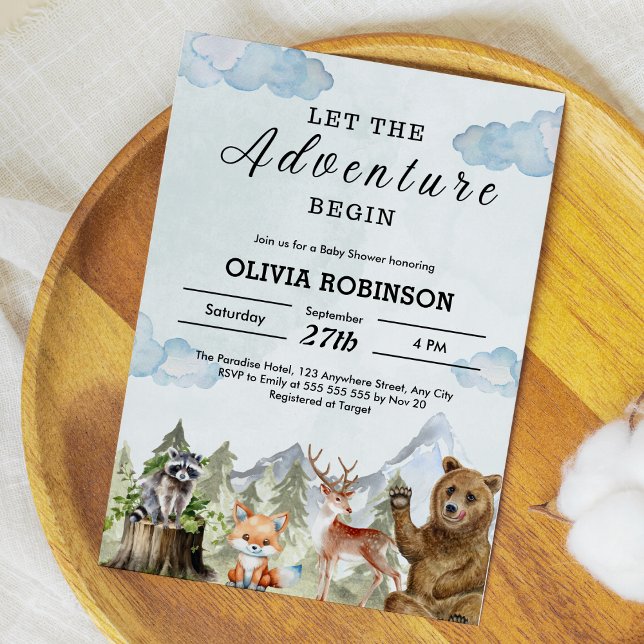 Låt Äventyr börja bergsbabybabyskor Inbjudningar (Let the Adventure Begin Mountain Boy Baby Shower Invitation )