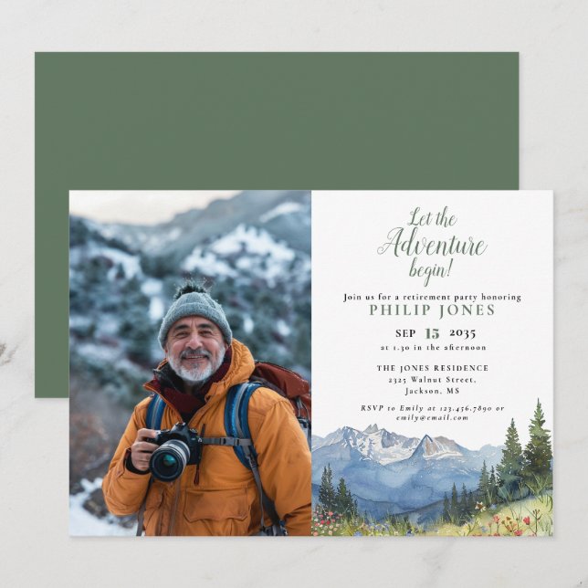 Låt Äventyr börja bergsfoto Pension Inbjudningar (Fram/baksida)