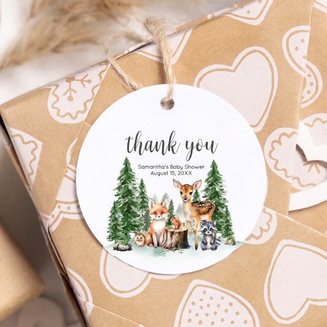 Låt Äventyr börja med babystölden Gåvor Etiketter (Let the Adventure Begin Woodland Animals Baby Shower Round Favor Tags)