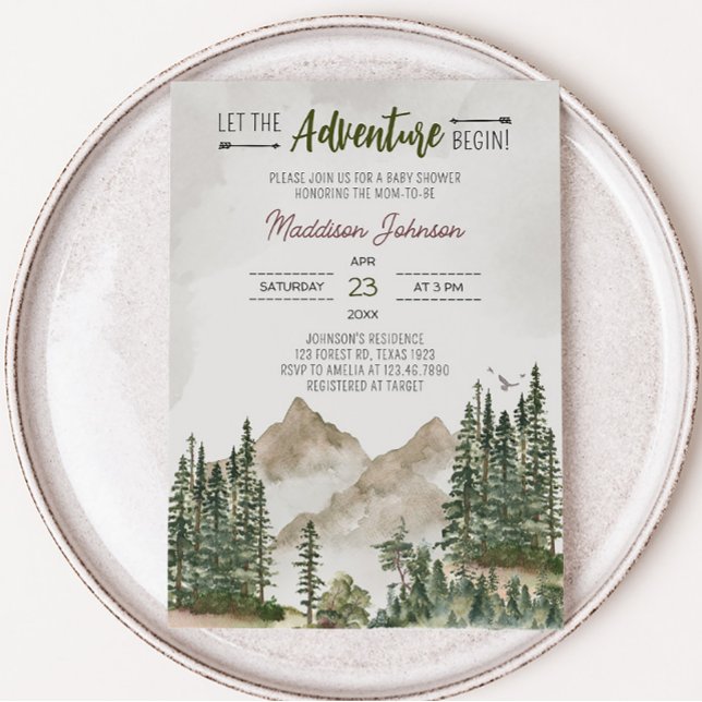 Låt Äventyr börja med bergsbabyskaren Inbjudningar (Woodland Mountain Baby Shower Invitation)