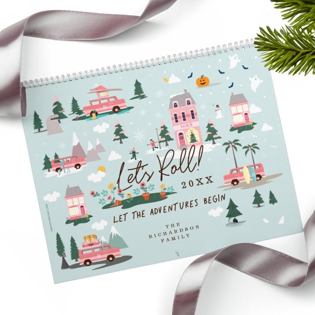 Låt Äventyr börja med Chicens Rosa Retro Van Famil Kalender (Let The Adventure Begin Chic Pink Retro Van Family Calendar)