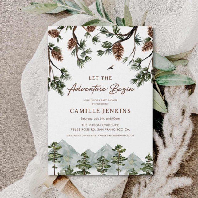 Låt Äventyr börja med Rustic Baby Shower Inbjudningar (Mountain Forest Let the Adventure begin Baby Shower Invitation)