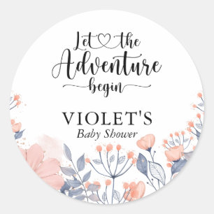 Låt Äventyr börja Rosa Blue Violet Baby Shower Runt Klistermärke