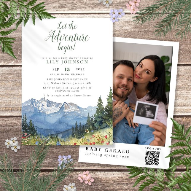 Låt äventyret börja Baby Shower Foto QR-kod Inbjudningar (Let The Adventure Begin Baby Shower Photo QR Code Invitation)
