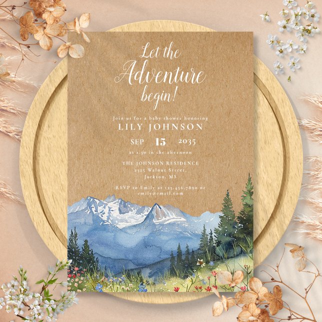 Låt Äventyret Börja Berg Barnkalas Inbjudningar (Let The Adventure Begin Mountain Baby Shower Invitation)