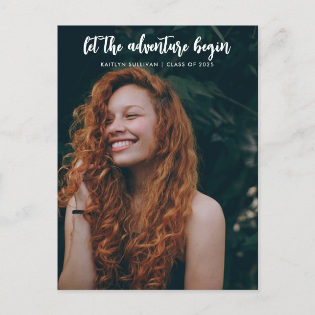 Låt äventyret börja manus modern | examen meddelande vykort (Framsida)