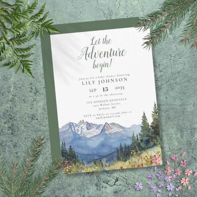 Låt äventyret börja Mountain Baby Shower Inbjudningar (Let The Adventure Begin Mountain Baby Shower Invitation)