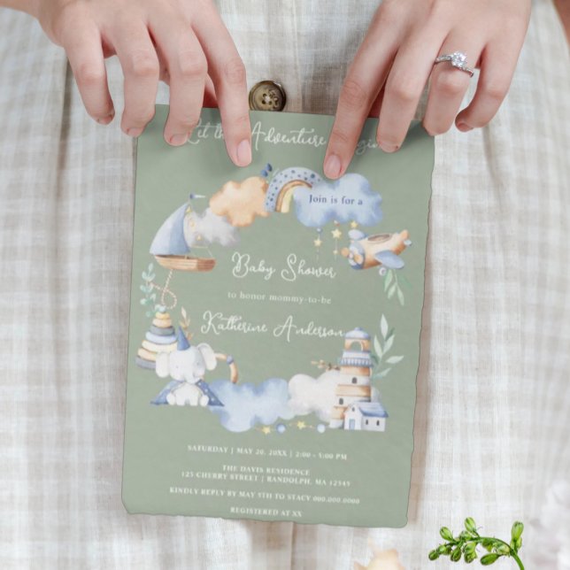 Låt äventyret börja pojkbabyleksak baby shower inbjudningar (Skapare uppladdad)