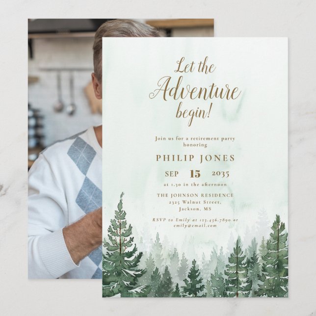 Låt Äventyret Börja Skogs Foto Pensionering Inbjudningar (Fram/baksida)