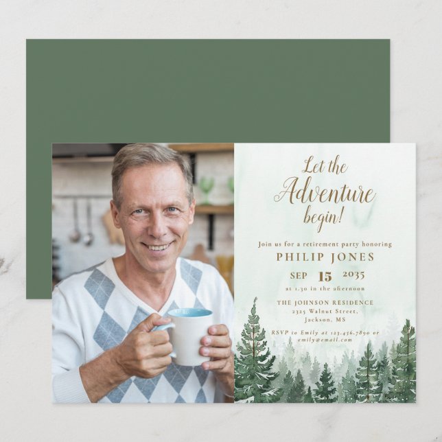 Låt äventyret börja skogsbild pensionering inbjudningar (Fram/baksida)