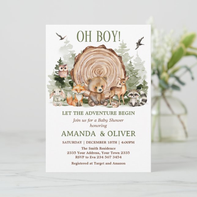 Låt äventyret börja Skogspojke Baby Shower Inbjudningar (Stående Fram)