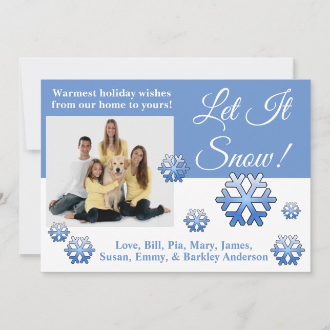 Låt det snöa! Blå och vit julkort med foto (Framsida)