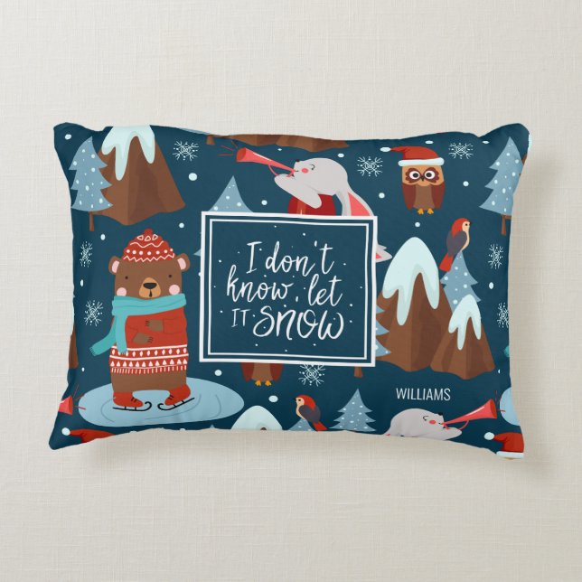Låt det snöa Cute Animal Mönster med Namn Blue Prydnadskudde (Baksidan)