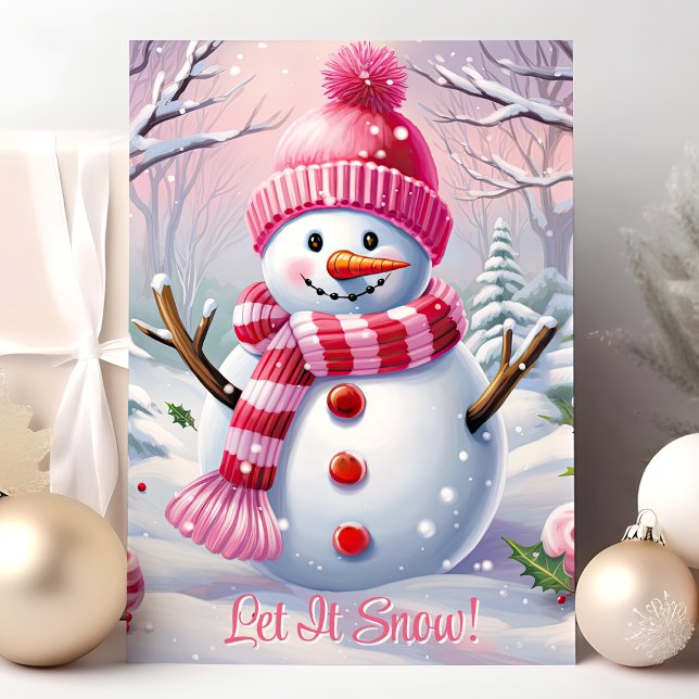 Låt det snöa Cute Rosa Snögubbe Helgkort (Skapare uppladdad)