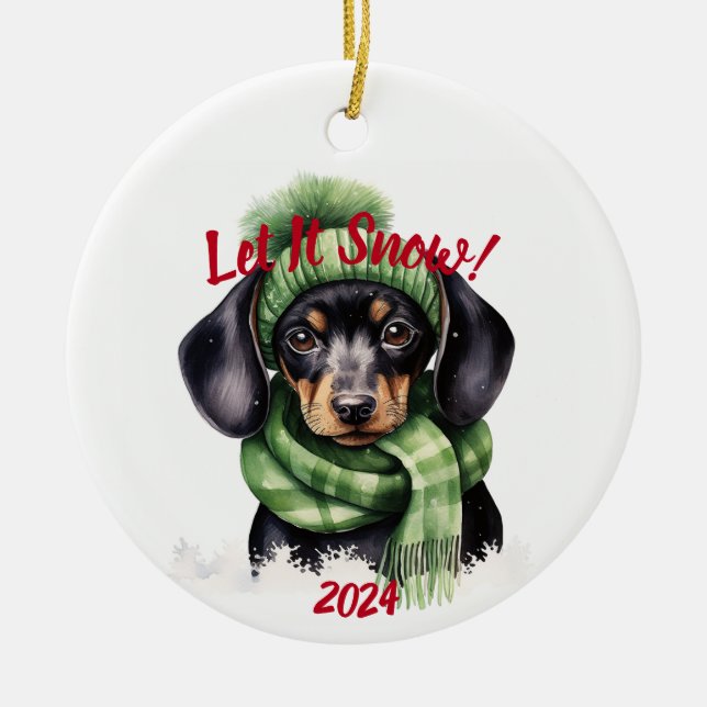 Låt det snöa Dachshund: Vattenfärg Julgransprydnad Keramik (Framsidan)