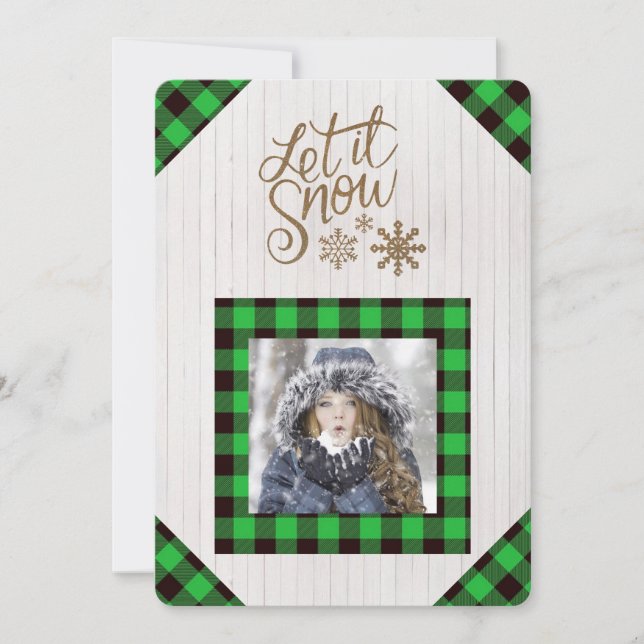 Låt det snöa Grönt Buffalo Check Photo Helgdag Car Julkort (Framsida)