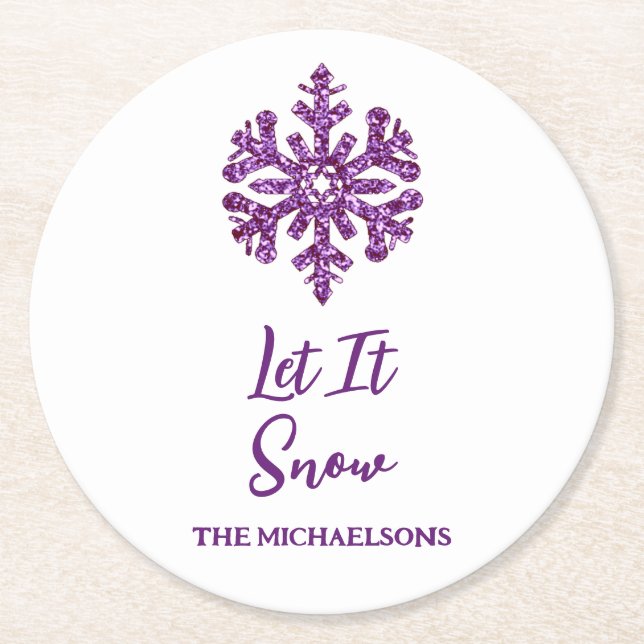 Låt det snöa Lila Snowflake Underlägg Papper Rund (Framsidan)