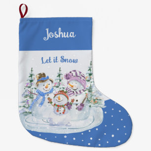Låt det snöa Lycklig Snögubbe Family Blue Stor Julstrumpa